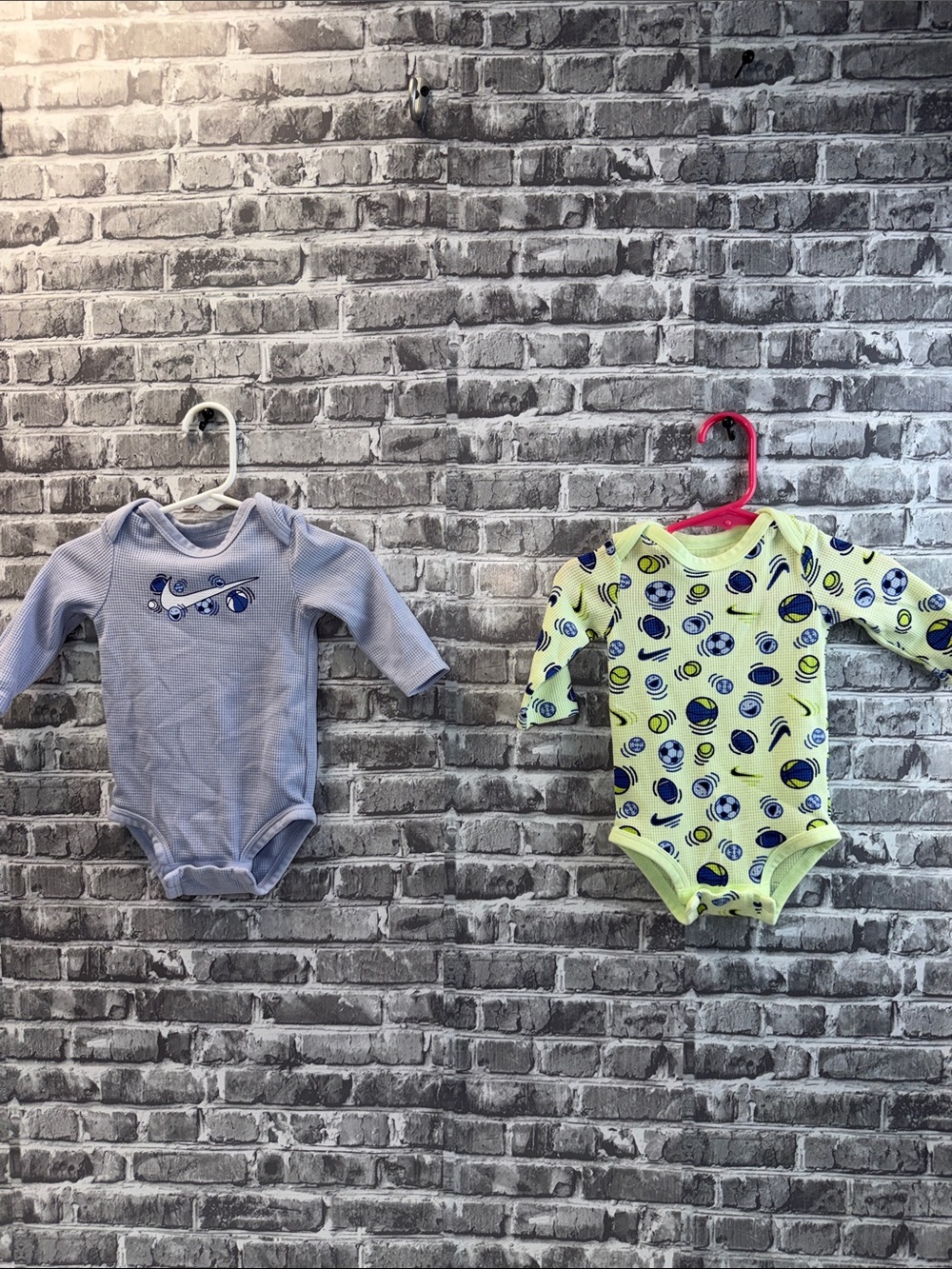 2 Baby Nike Long-Sleeve‎ Baby One-Piece in Light Blue and Yellow Soccer Print